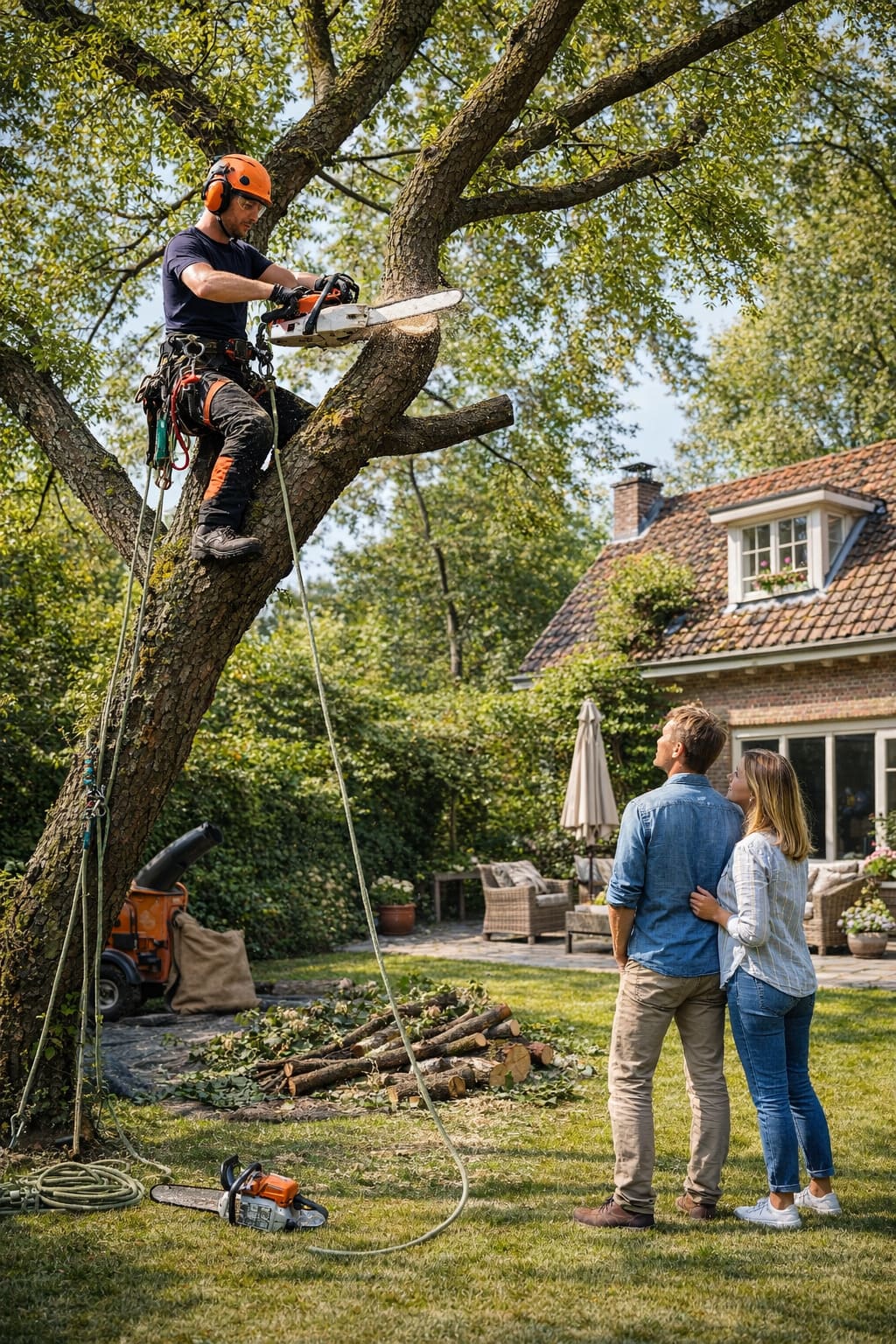 Professioneel boom laten snoeien in Noord-Holland — Totaalontruiming Vakkundige boomverzorger snoeit grote boom terwijl stel toekijkt in Noord-Hollandse achtertuin — Totaalontruiming boom snoeien