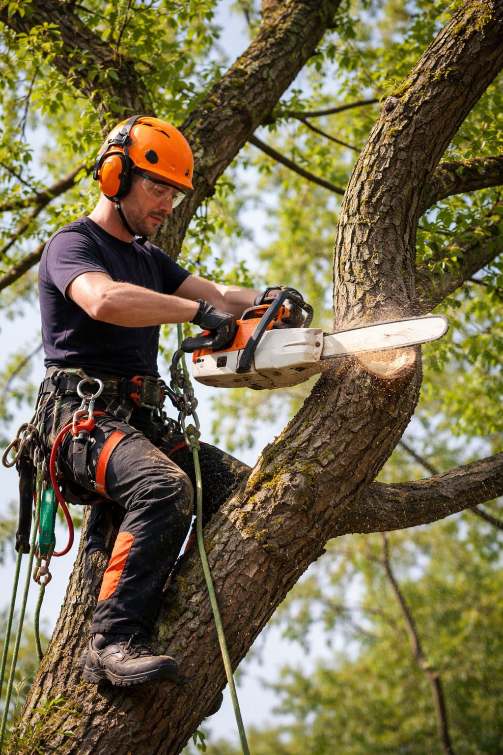 Boom snoeien Purmerend — vakkundige snoeier klimt in grote boom, regio Purmerend Beemster